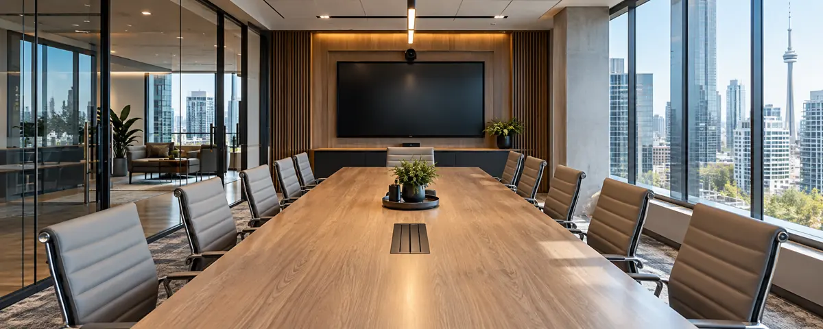 A contemporary business meeting room with connected presentation technology