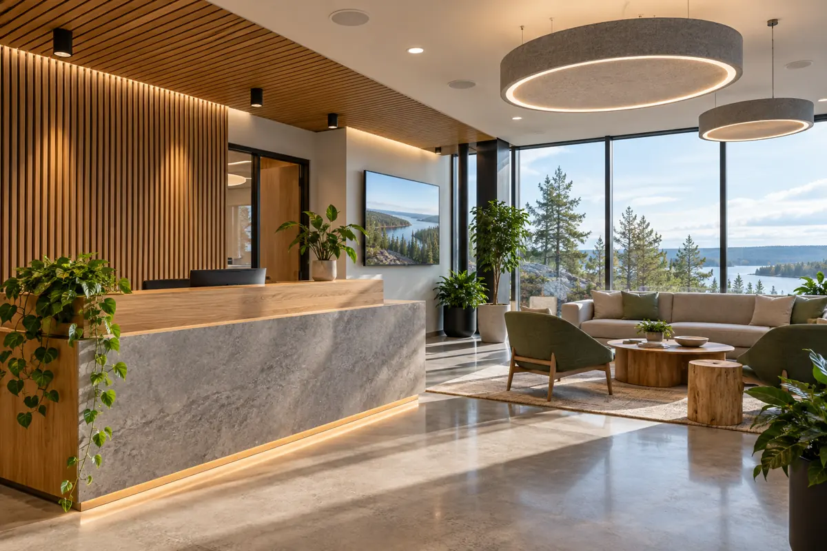 A shared office lounge with connected technology