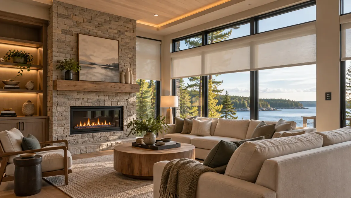 A warmly lit living room with integrated home technology