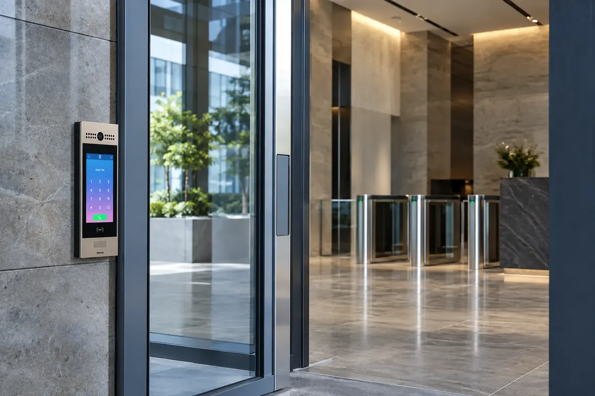 Akuvox touchscreen video intercom and access terminal mounted on a stone entry wall