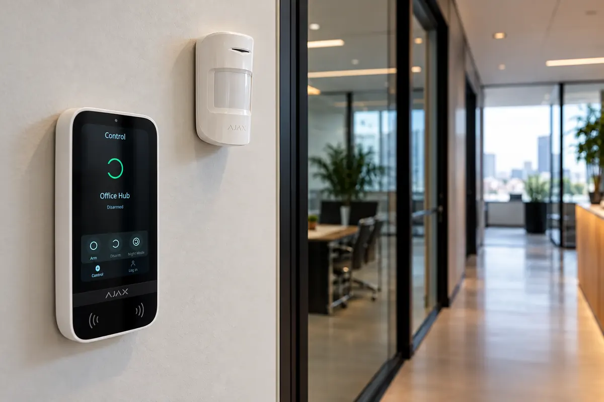 Ajax KeyPad TouchScreen and wireless motion detector mounted in a commercial hallway