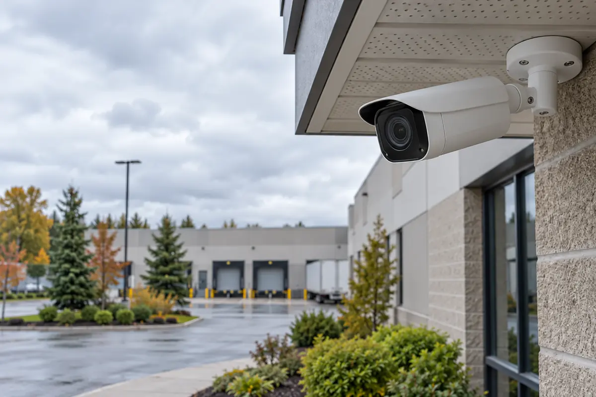 Hanwha Vision outdoor bullet security camera mounted beneath a commercial building eave