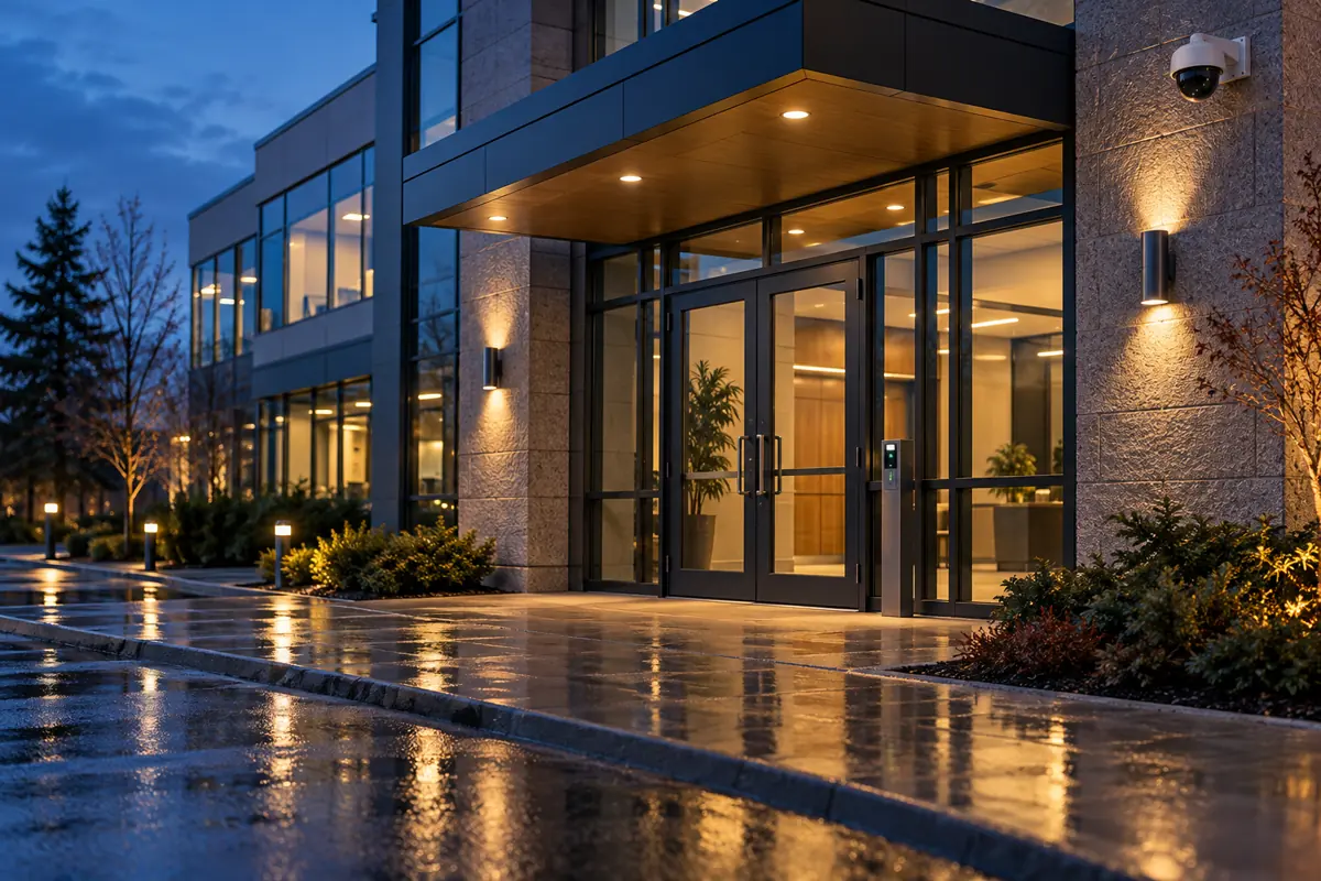 A secure commercial building entrance at dusk