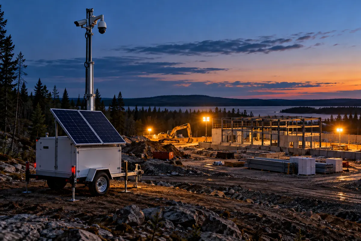 Cell-connected mobile video surveillance tower overlooking an active construction site