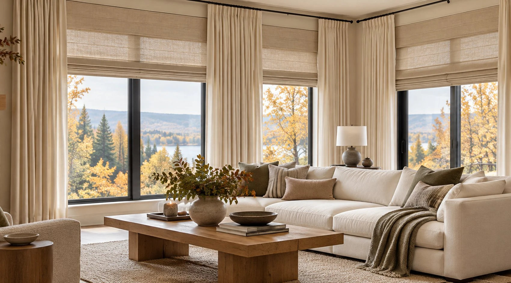 A contemporary room with tailored window coverings